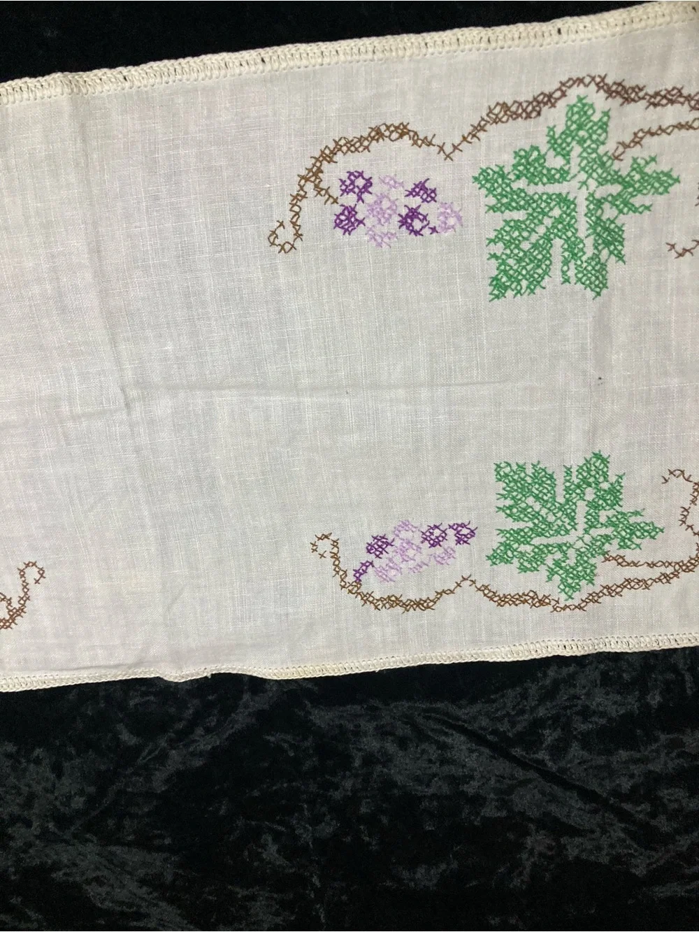 Embroidered Linen Runner with Green and Purple Motif 38x13”